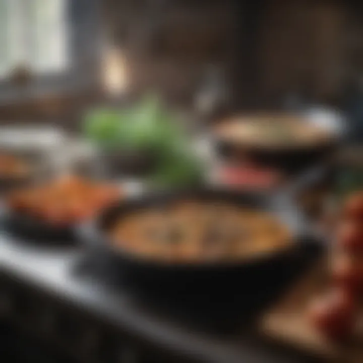 A well-seasoned cast iron pan placed next to fresh ingredients ready for cooking.