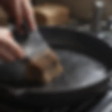 A close-up of a cast iron pan being cleaned with a natural brush and water.