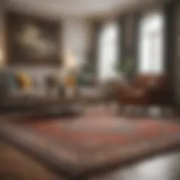 A beautifully designed large rug laid out in a living room setting