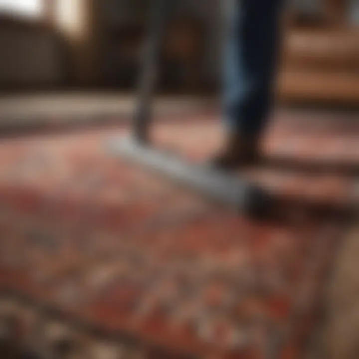 Demonstration of a cleaning technique on a large rug