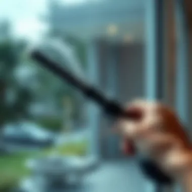 Close-up of a hand using a squeegee on glass