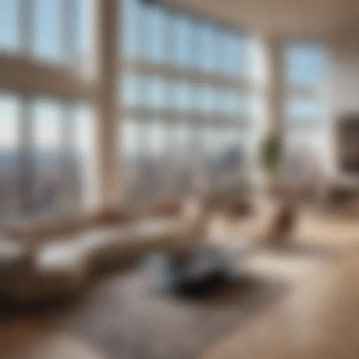Luxurious living room interior of a World Trade Center apartment with skyline views.